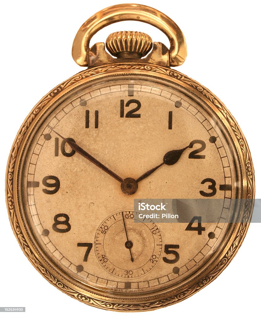 Vintage pocket watch. Antique gold pocket watch, isolated. Pocket Watch Stock Photo