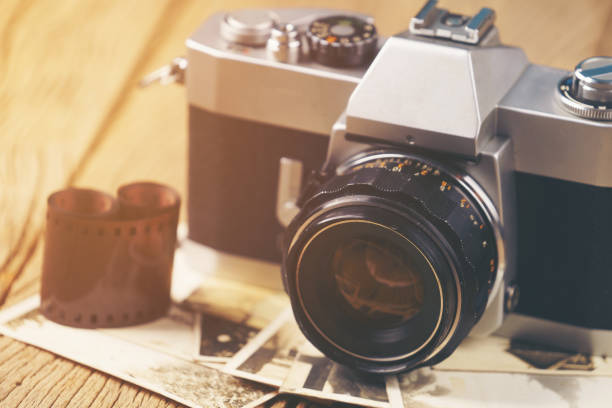 Part of the old vintage analog film camera close up.