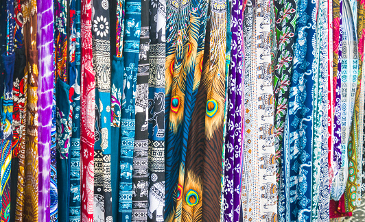 Printed cotton fabric displayed at a booth at a Cape Cod flea market