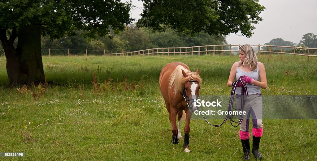 Menina e seu cavalo Faça uma pausa de uma explosão impulsionando exercício - Foto de stock de Adolescente royalty-free