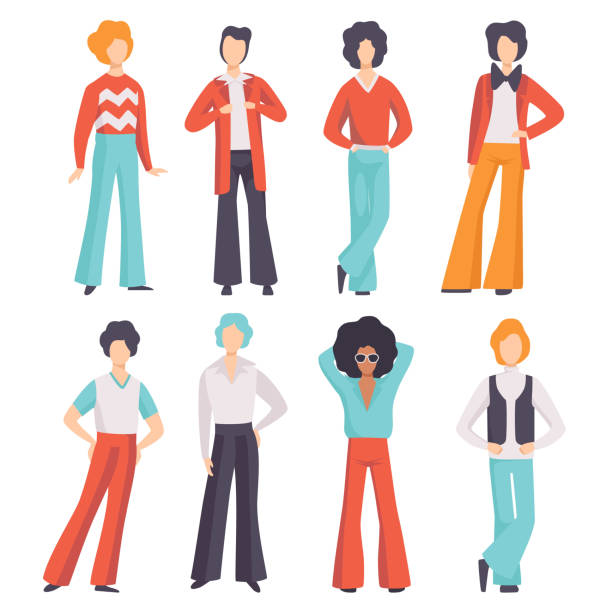 Man Character Wearing Vintage Clothing from 70s in Standing Pose Vector Set Man Character Wearing Vintage Clothing from 70s in Standing Pose Vector Set. Male in Stylish Retro Trousers and Attire flare pants stock illustrations