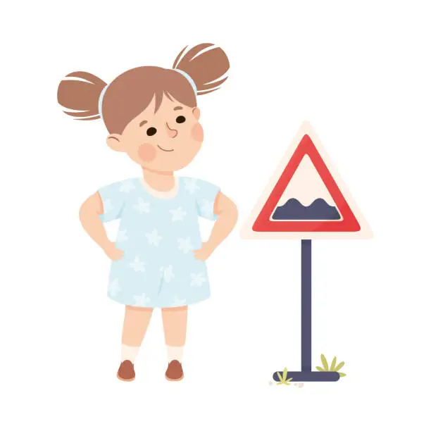 Vector illustration of Cute Girl Standing Near Hump Traffic Sign on Pole Learning Rules of Road Vector Illustration
