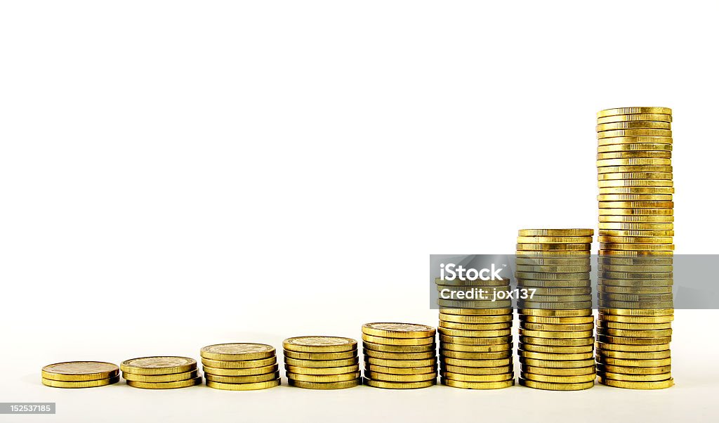 Exponential growth of gold Golden coins towers, metaphor for exponential strong growth Growth Stock Photo