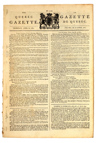 Original front page of an old Canadian newspaper, dated 1804.