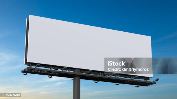 Outdoor Billboard Mockup On Blue Sky Background Stock Photo - Download Image Now - Billboard, Template, Mockup