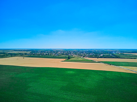 Aerial drone view over a road and corn and  wheat field in Timis Romania