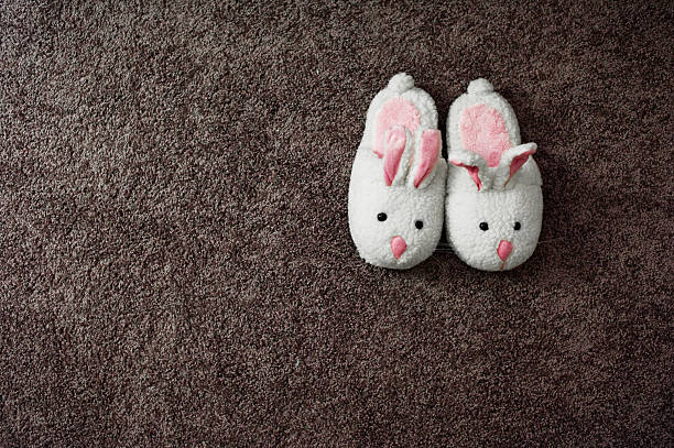 Bunny Slippers pair of bunny slippers on rug fluffy rabbit stock pictures, royalty-free photos & images