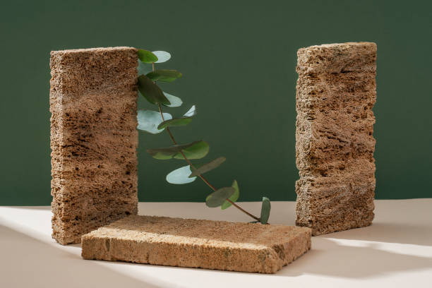 istock Podium for exhibitions and product presentations material stone, eucalyptus branch. Beautiful green background made of natural materials. Abstract nature scene with composition. 1525390397