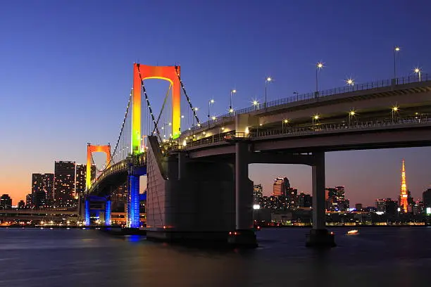 Rainbow Bridge at evening in Tokyo,Japan