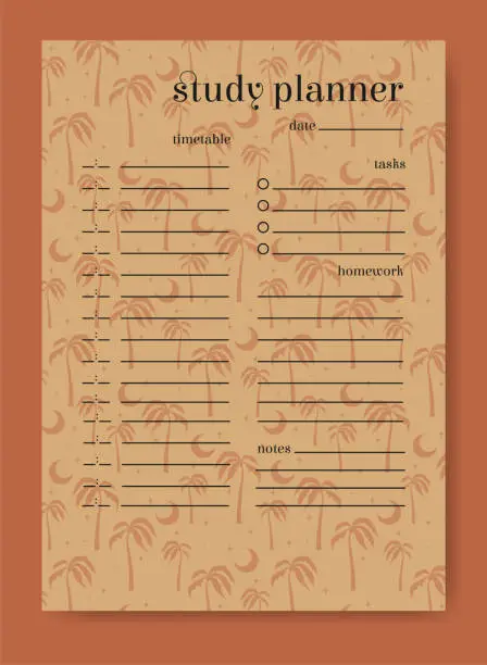 Vector illustration of Study planner minimalist summer palms page design.