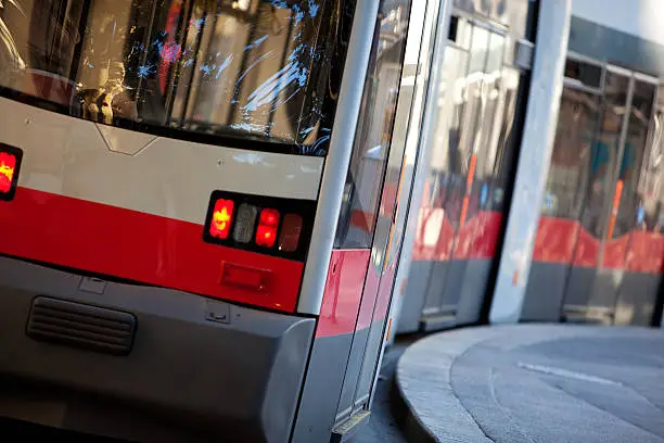 Modean tram in Vienna Austria. Camera angle view.