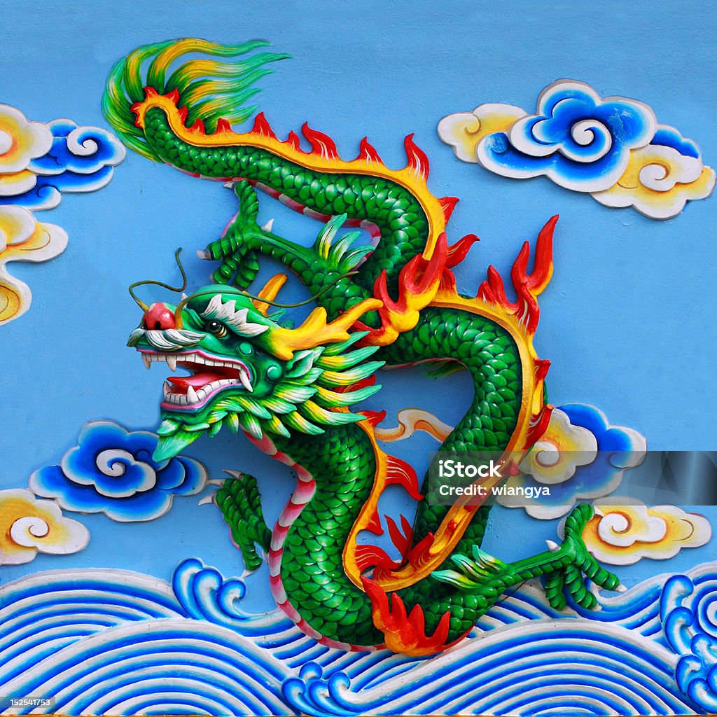 green chinese dragon green chinese dragon at the wall of temple, Thailand Ancient Stock Photo