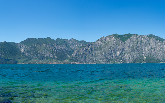 View of Limone Sul Garda from the opposite side of Lake Garda, Italy.