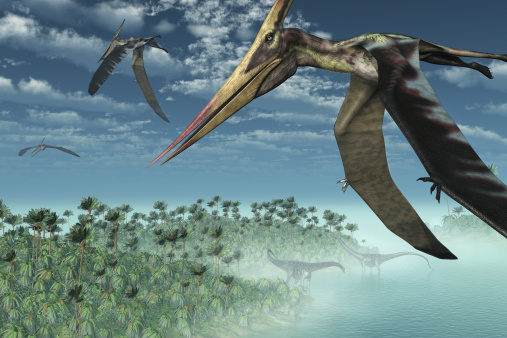 Three Pteranodon Longicepts fly over a misty prehistoric seascape, with two diplodocus dinosaurs near the shore - 3D render.