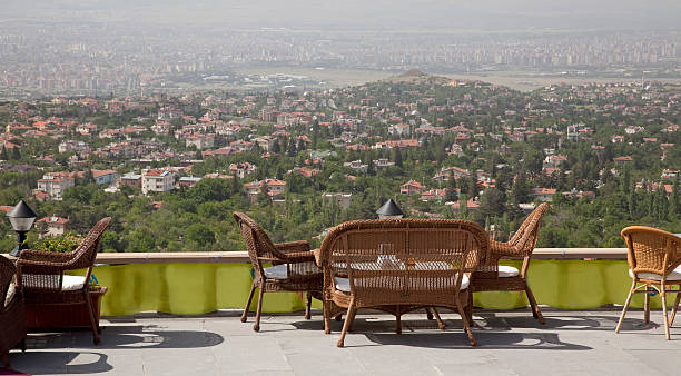 outdoors cafe with of a cityscape stock photo