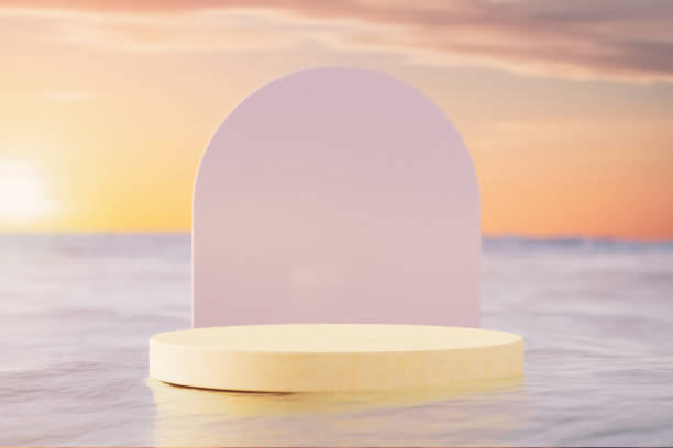 istock 3d podium with copy space for product display presentation on beach and sunset sky abstract background. Tropical summer and vacation concept. Graphic art design. 1525439700