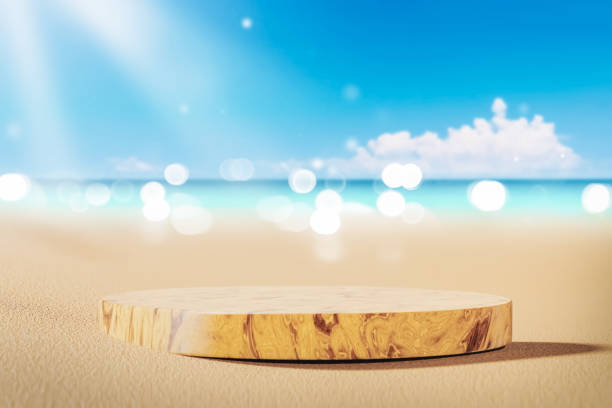 istock 3D wooden podium with copy space for product display presentation on beach with blue sky and white clouds abstract background. Tropical summer andvacation concept. Graphic rendering illustration. 1525439703