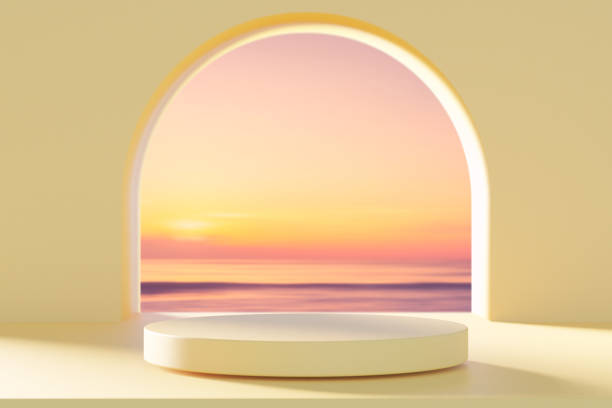 istock 3d podium with copy space for product display presentation on beach and sunset sky abstract background. Tropical summer and vacation concept. Graphic art design. 1525439723