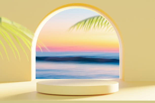 istock 3d podium with copy space for product display presentation on palm beach and sunset sky abstract background. Tropical summer and vacation concept. Graphic art design. 1525440064