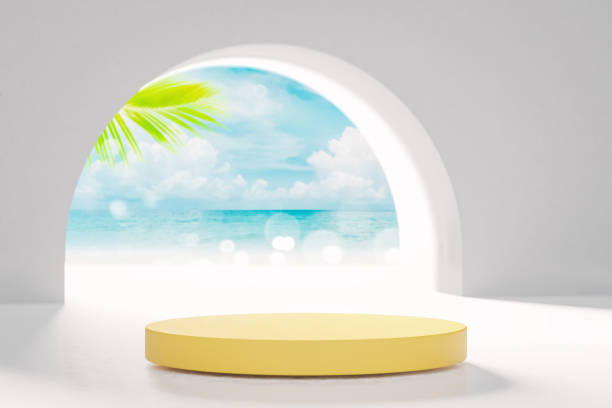 istock 3d podium with copy space for product display presentation on palm beach and blue sky abstract background. Tropical summer and vacation concept. Graphic art design. 1525440256