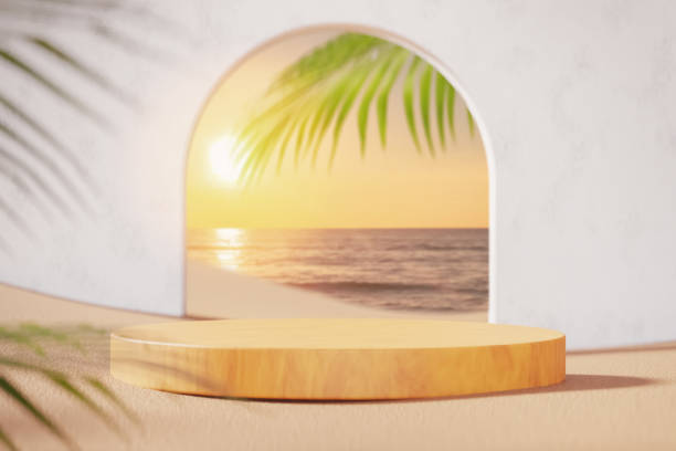 istock 3d podium with copy space for product display presentation on palm beach and sunset sky abstract background. Tropical summer and vacation concept. Graphic art design. 1525440813