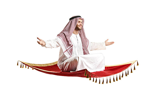 Arab person sitting on a flying carpet
