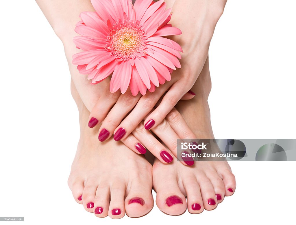 Rosa de manicure e pedicure com uma flor - Foto de stock de Manicure royalty-free