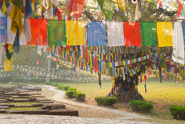 Lumbini prayer flags 1 Buddhist prayer flags as seen in Lumbini, Gautama Buddha's birthplace. Early morning. lumbini nepal stock pictures, royalty-free photos & images