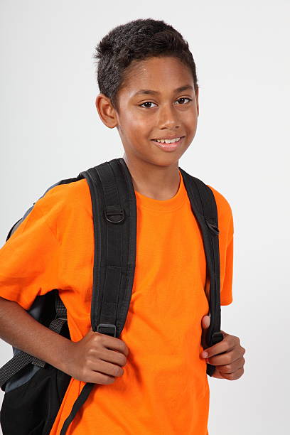 istock Back to school for boy 11 in orange with rucksack 152547408