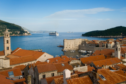Old city of Dubrovnik (Croatia) from city walls with a cruise ship in the background