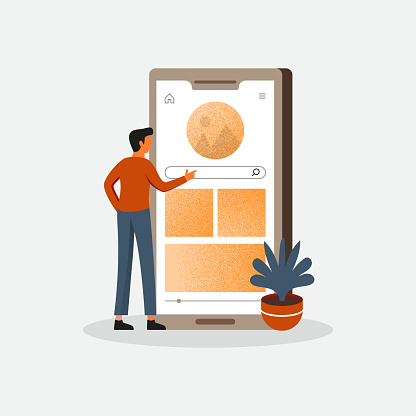 The person using the search box for the query. Illustration for SEO work, online promotion, content marketing concept. Colorful design on a white background.