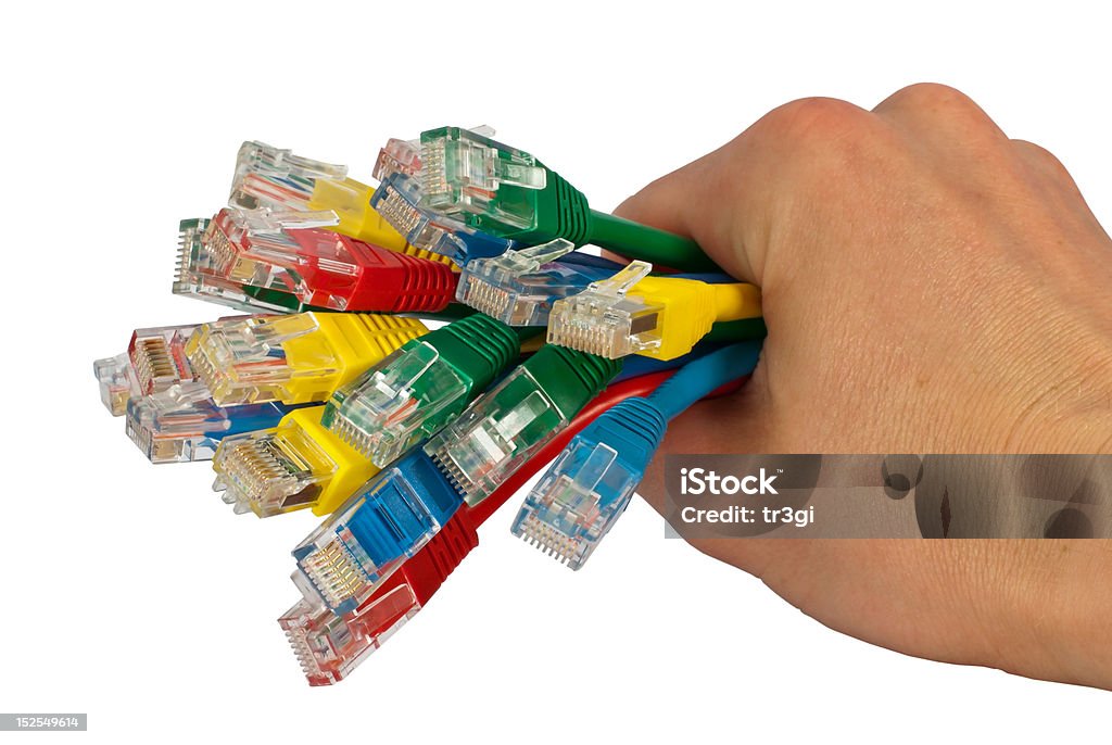 Ręka trzyma Pęczek kolorowych kabli sieciowych puste - Zbiór zdjęć royalty-free (Akcesorium osobiste)
