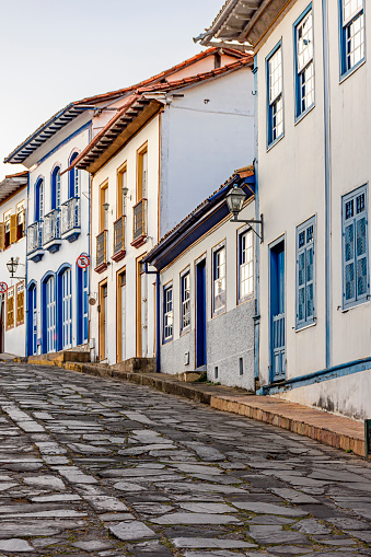 Slope with stone pavement and colonial houses in the city of Diamantina, state of Minas Gerais