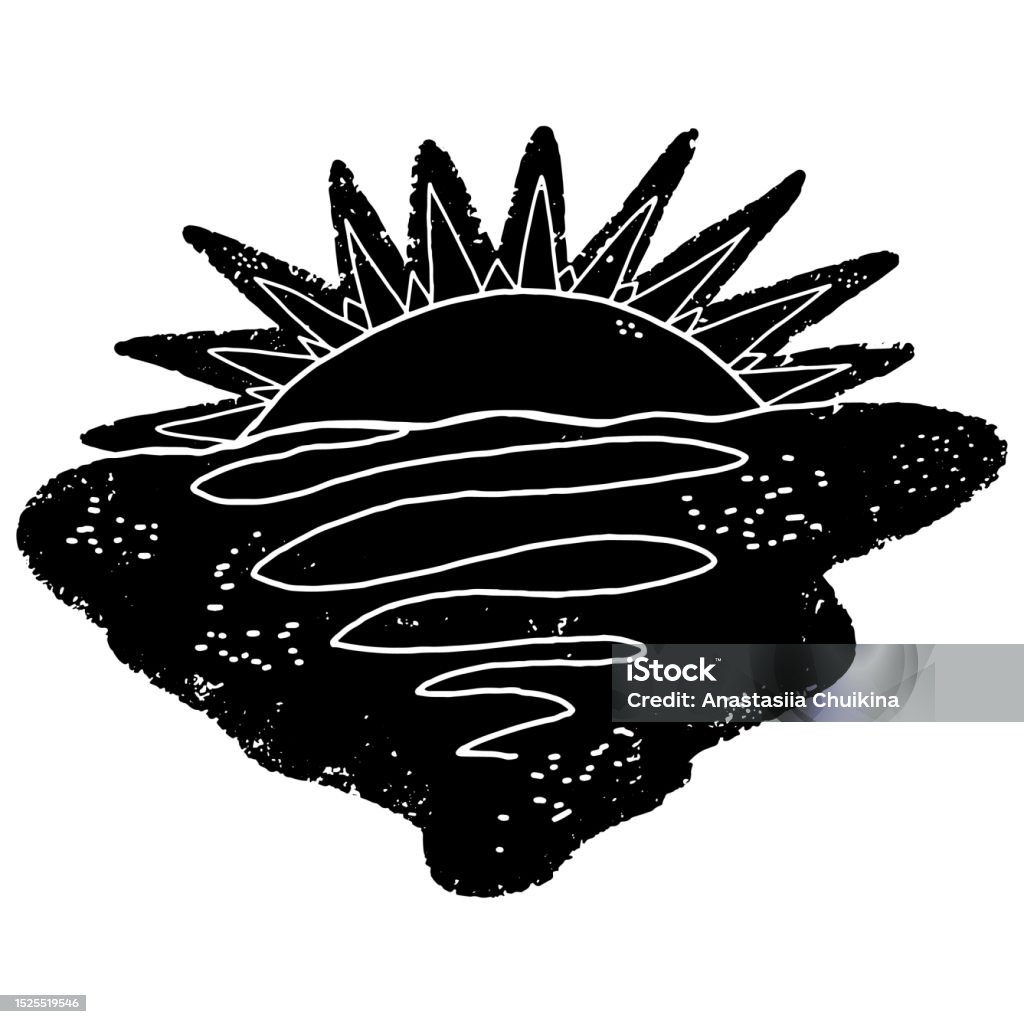 Stylized Sun Rise Sunset Stylized Sunrise Sun Over Water Handdrawn Illustration In ...