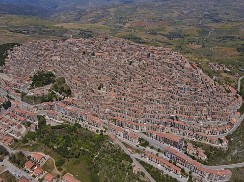 Drone shot of the symmetric houses in Gangi, Sicily, Italy