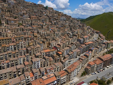 Drone shot of the symmetric houses in Gangi, Sicily, Italy