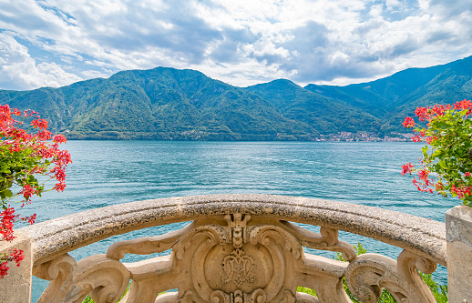 Panoramic view of Lake Como from the terrace of Villa Balbianello, Italy