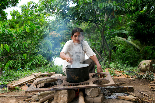 Chazuta, Peru; 1st October 2022: A woman in the kitchen of a Peruvian restaurant in the Amazon Jungle.