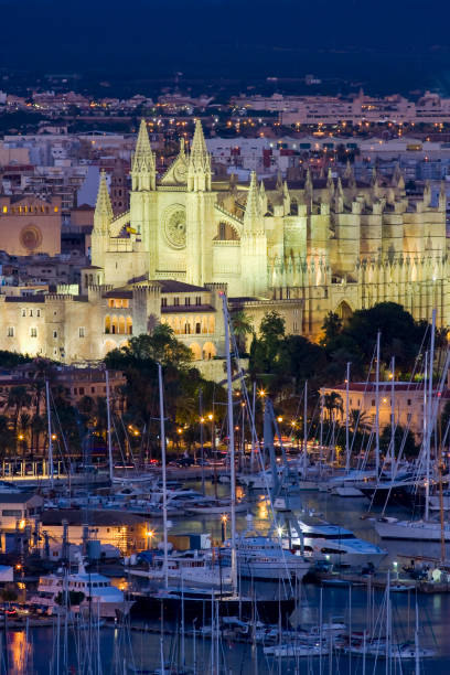 vue sur le port, la vieille ville et la cathédrale, palma, majorque, espagne, europe - majorca yacht palma marina photos et images de collection