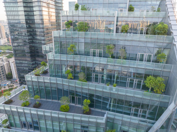 istock Green plants on modern office buildings 1525583275