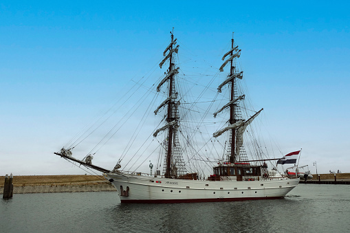 Netherlands. Texel. June 26, 2023. A large sailing ship is arriving in the harbor of Oudeschild