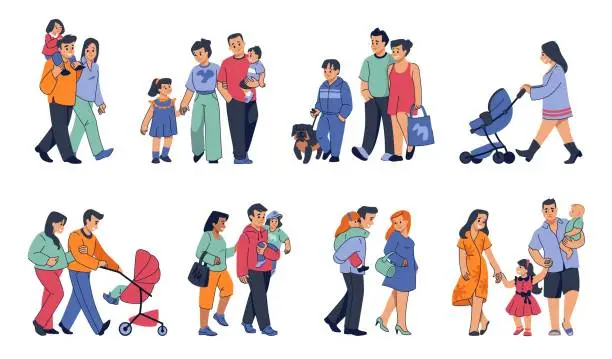 Vector illustration of People walking together outdoor. Happy family. Parents with children. Mother and baby. Mom with stroller. Dad holding son or daughter. Kid leading pet dog on leash. Vector characters set