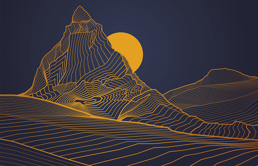 Mountains painted in japanese style. Outline gold illustration. Night  landscape. Vector vintage design art