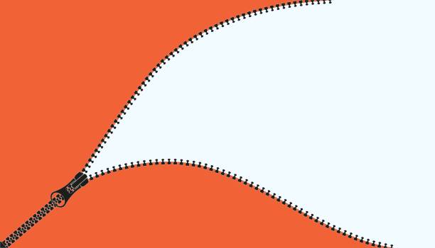 Tailor zipper. Clothing fastener. Detailed zip. Ziplock for clothes. Casual apparel. Metal teeth. Black metal pouch on orange textile. Fabric fastening. Vector blank background concept Tailor zipper. Clothing fastener. Detailed zip. Ziplock for clothes. Casual apparel. Metal teeth. Black metal pouch on orange textile. Fabric fastening. Pulling clasp. Vector blank background concept zipper-teeth stock illustrations