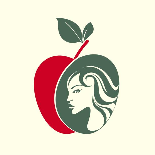 사과 과일과 물결 모양의 헤어스타일 초상화 로고가 있는 아름다운 여자. 이브 성경의 죄 상징. - symbol human lips healthy lifestyle apple stock illustrations