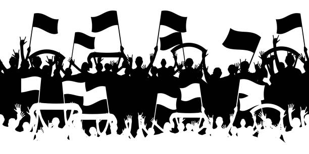 Stadium fans celebration. Friends crowd. Men and women with flags. Clubbing disco persons. People silhouettes. Soccer or baseball spectators. Vector black and white audience illustration Stadium fans celebration. Friends crowd. Men and women with flags. Clubbing disco persons. Happy people group silhouettes. Soccer or baseball spectators. Vector black and white audience illustration men watching soccer game stock illustrations