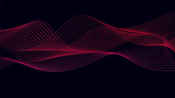 Vector illustration of Dynamic red particle wave line on dark blue abstract background. Abstract sound visualization. Digital structure of the wave flow of luminous particles.