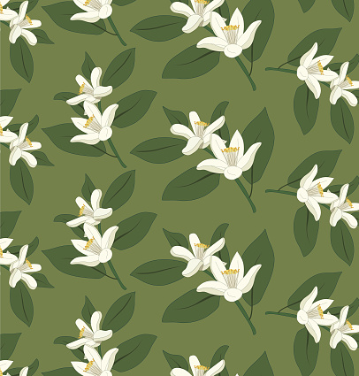 Vintage repeat botanical pattern of orange blossoming branches on marsh green background. Repeat surface design for printing, textiles, decoration.