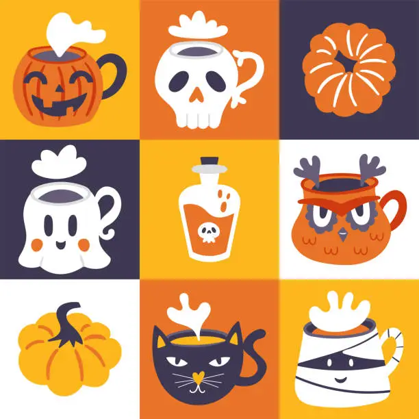 Vector illustration of Halloween holiday cute pumpkin and coffee cup set.