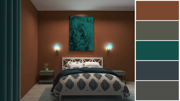 istock Bedroom design, color palette 3d render, 3d illustration 1525776483